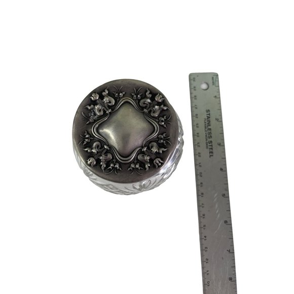 Vintage Cut Crystal Vanity Dresser Cosmetic Jar Sterling Silver Lid 3" x 4" - Picture 7 of 8